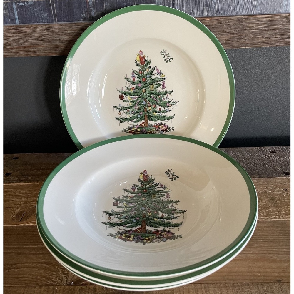NWT Set of 4 SPODE Holiday Christmas Tree 4-Piece Ceramic 9 in. Soup Plates New